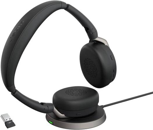 Jabra Evolve2 65 Flex MS Stereo Headset with wireless charging, hybrid active noise cancellation, 28 mm drivers, built-in microphone, USB-A dongle, and a black finish.