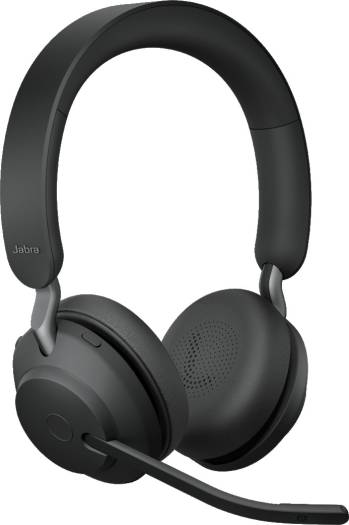 Jabra Evolve2 65 UC Stereo Wireless Headset with Link 380c, offering superior noise isolation, 40 mm speakers for rich sound, a three-microphone system for clear calls, up to 37 hours of battery life, UC platform compatibility, and a sleek black design.