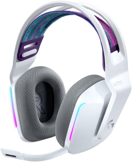 Logitech G733 LIGHTSPEED Wireless RGB Gaming Headset in White, featuring PRO-G 40mm drivers, a 6mm cardioid microphone, DTS Headphone:X 2.0 surround sound, and 16.8 million customizable light colors.