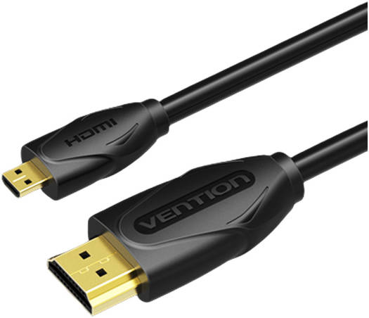 Vention Micro HDMI Cable, 8Gbps high-speed transmission, supports 4K@60Hz HDR video. Features gold-plated connectors, Dolby True Audio, and mirror & extended display modes. Length: 2 meters. Color: Black.