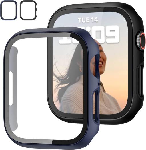 JZK 2-Pack Case with Tempered Glass Screen Protector – Slim Full-Coverage Hard PC Bumper for Apple Watch Series 9/8/7 (41mm), HD Thin Protective Cover, Black & Blue
