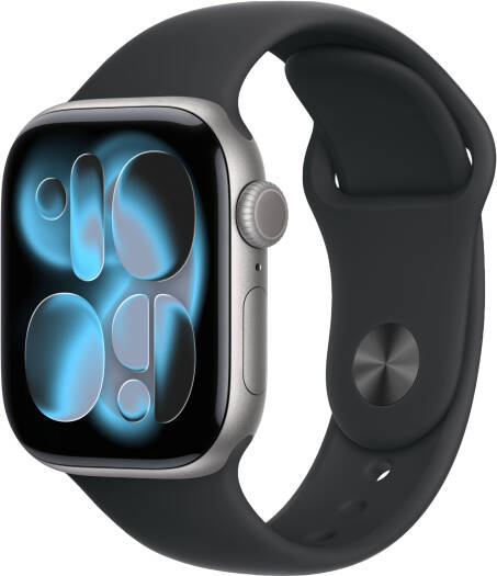 Apple Watch Series 11 Smartwatch with Always-On Retina Display, S10 Chip, watchOS, 50m Water Resistance, GPS, 46mm Space Gray Aluminum Case, and Black Sport Band (M/L 160–210mm).