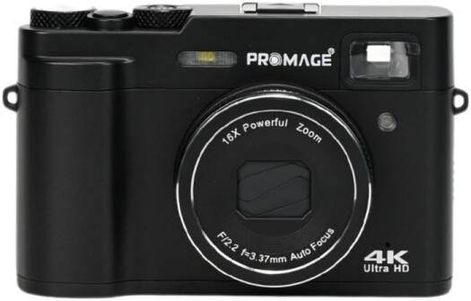 PROMAGE 4K Ultra HD digital camera in black, featuring 48MP photo resolution, dual autofocus lenses, 4K 30FPS video recording, and a 2.8" IPS display, ideal for photography and vlogging.