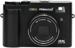 PROMAGE 4K Ultra HD digital camera in black, featuring 48MP photo resolution, dual autofocus lenses, 4K 30FPS video recording, and a 2.8" IPS display, ideal for photography and vlogging.