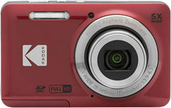 Kodak PIXPRO FZ45 digital camera in red, featuring a 16.35MP sensor, 4× optical zoom, 2.7-inch LCD, wide shooting modes, face and pet detection, and digital image stabilization.