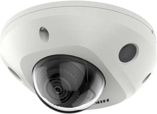 Hikvision DS-2CD2543G2-IS 2MP AcuSense fixed mini dome network camera with a 2.8mm lens, built-in microphone, RJ45 Ethernet, H.265+ compression, 120 dB WDR, and IP67/IK10 protection (white).