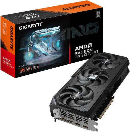 GIGABYTE Radeon RX 9070 XT GAMING OC Graphics Card featuring 16GB GDDR6 256-bit memory, 3060 MHz boost clock, 20 Gbps memory speed, 4096 stream processors, and PCI Express 5.0 support.