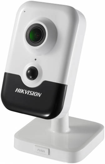 Hikvision 4 MP Indoor Fixed Cube Network Camera with WDR, featuring a 2.8 mm lens, up to 10 m infrared range, H.265+ video compression, built-in two-way audio, support for up to 6-channel live view, 360° rotation, and a white design.