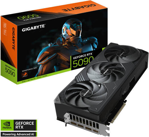 GIGABYTE GeForce RTX 5090 WINDFORCE Graphics Card featuring 32GB GDDR7 512-bit memory, 2407 MHz boost clock, 28 Gbps memory speed, 21,760 CUDA cores, and PCI Express 5.0 interface in black.