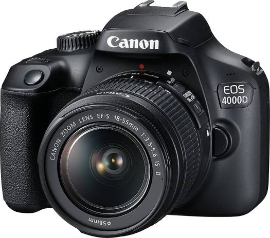 Canon EOS 4000D DSLR camera in black, bundled with the EF-S 18–55mm III lens kit.
