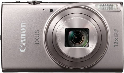 Canon IXUS 285 HS Digital Camera – Silver, featuring a 20.2MP CMOS sensor, DIGIC 4+ processor, 12x optical zoom with ultra-wide-angle lens (24x ZoomPlus), 3.0-inch LCD display, ISO 80–3200, built-in flash, and Wi-Fi & NFC connectivity.
