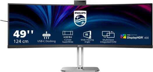 Philips 5000 Series Curved Monitor – Black, featuring a 49" VA display with Dual QHD resolution, 75Hz refresh rate, 4ms (GtG) response time, 1800R curvature, built-in 2x3W speakers, and KVM functionality.