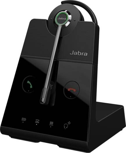 Jabra Engage 65 On-Ear DECT Convertible Headset with up to 100 meters wireless range, advanced noise-canceling, 256-bit AES encryption, and a black finish.