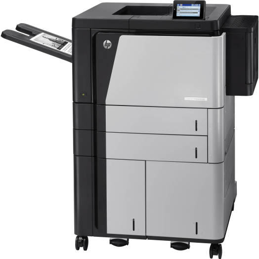 HP LaserJet M806x+ Enterprise printer with A3 printing, extra-large input capacity, a 4.3" touchscreen, 1200×1200 dpi resolution, up to 56 ppm print speed, duplex printing, and USB 2.0/Gigabit Ethernet connectivity. Black and white design.