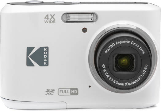 Kodak PIXPRO FZ45 digital camera in white, featuring a 16.35MP sensor, 4× optical zoom, 2.7-inch LCD, multiple shooting modes, face and pet detection, and digital image stabilization.