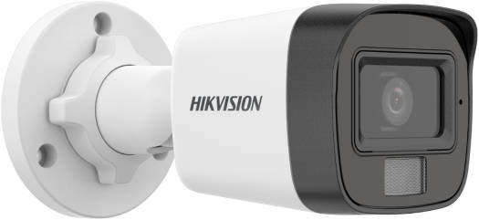 Hikvision 2MP dual light audio fixed mini bullet camera with 1920×1080 resolution, 2.8mm lens, up to 25m IR range, 4 switch signals, coaxial cable audio, built-in microphone, and IP67-rated protection (white).