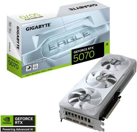 GIGABYTE GeForce RTX 5070 EAGLE OC ICE SFF Graphics Card with 12GB GDDR7 192-bit memory, 2587 MHz boost clock, 28 Gbps memory speed, 6,144 CUDA cores, and PCI Express 5.0 interface.