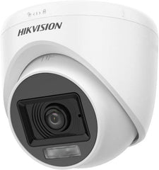 Hikvision 2MP Dual-Light Fixed Turret Camera with built-in microphone, featuring a 2.8 mm fixed lens, up to 20 m infrared illumination, audio transmission over coaxial cable, four switchable signal modes, digital WDR, and a white housing.