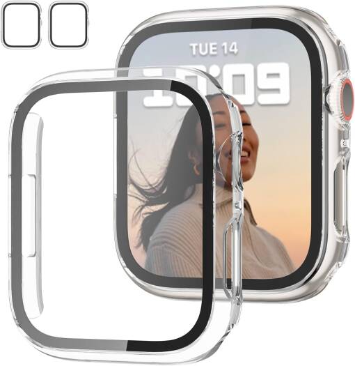 JZK 2-Pack Case with Tempered Glass Screen Protector – Slim Full-Coverage Hard PC Protective Bumper for Apple Watch Series 3/2/1 (42mm), Ultra-Thin HD Cover, Clear (2-Pack)