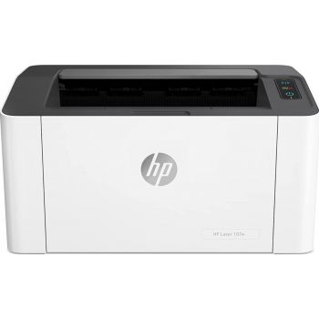 HP Laser M107w printer offering up to 21 ppm print speed, 1,200 × 1,200 dpi resolution, a 10,000-page duty cycle, 150-sheet input tray, Hi-Speed USB 2.0, and Wi-Fi connectivity. Finished in white.