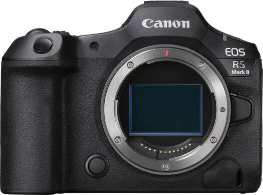 Canon EOS R5 Mark II Mirrorless Camera – Black (Body Only), featuring a 45MP Back-Illuminated Stacked Sensor, DIGIC X + DIGIC Accelerator, 3.2" display, 8K video recording, and up to 30fps maximum shooting speed.
