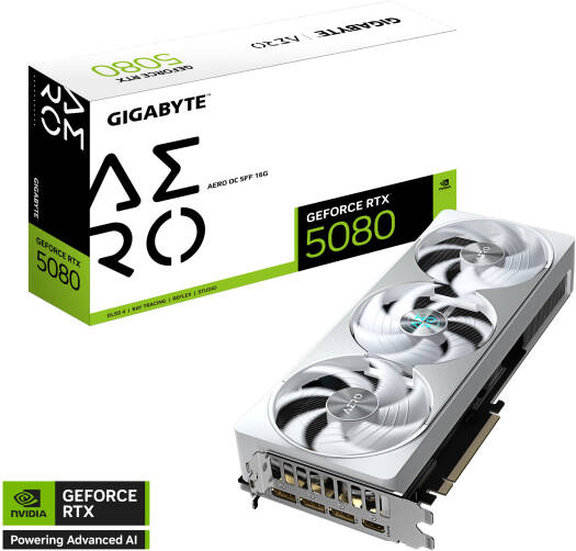 GIGABYTE GeForce RTX 5080 AERO OC SFF Graphics Card with 16GB GDDR7 (256-bit), a 2730 MHz boost clock, 30 Gbps memory speed, PCIe 5.0 support, finished in white.