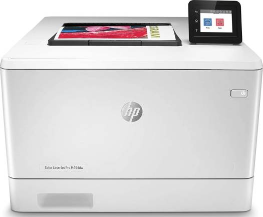 HP Color LaserJet Pro M454dw printer with 600×600 dpi resolution, 28 ppm print speed, automatic duplex printing, 2.7" color touchscreen, 50-sheet multipurpose tray, and USB, Ethernet, and Wi-Fi connectivity.