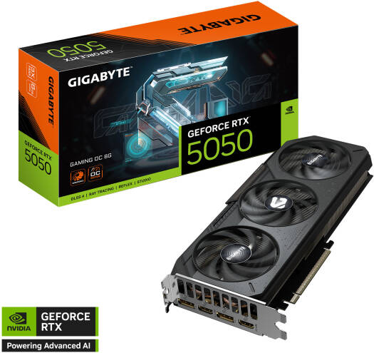 GIGABYTE GeForce RTX 5050 GAMING OC 8G Graphics Card, featuring 8GB GDDR6 128-bit memory, 2632 MHz boost clock, 20 Gbps memory speed, 2560 CUDA cores, and PCIe 5.0 interface.