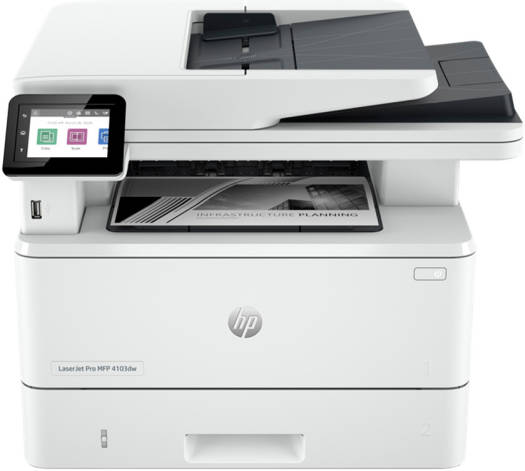 HP LaserJet Pro MFP 4103dw – Printer with 2.7" Color Touchscreen, up to 42 ppm print speed, up to 40 cpm copy speed, 50-sheet ADF, White