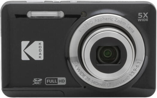 Kodak PIXPRO FZ55 digital camera in black, bundled with a SanDisk 32GB Ultra SD card and card reader, featuring a 16.35MP sensor, 5× optical zoom, 28mm wide-angle lens, 2.7-inch LCD, and Full HD 1080p video recording.