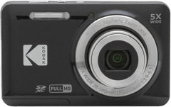 Kodak PIXPRO FZ55 digital camera in black, featuring a 16.35MP sensor, 5× optical zoom, 28mm wide-angle lens, 2.7-inch LCD, Full HD 1080p video, face, smile, blink, and pet detection, plus digital image stabilization.