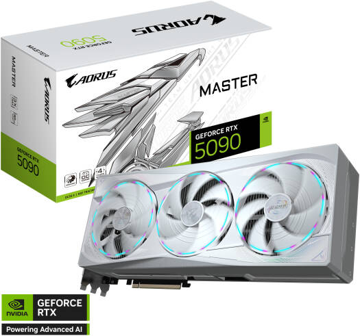 Gigabyte AORUS GeForce RTX 5090 Master Ice Graphics Card – 32GB GDDR7 512-bit memory, 2655 MHz boost clock, 28 Gbps memory speed, 21,760 CUDA cores, PCI Express 5.0 interface, White
