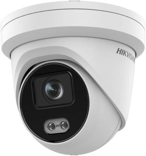 Hikvision 4MP ColorVu fixed turret network camera with a 2.8mm lens, up to 30m light range, 24/7 full-color imaging, H.265+ compression, built-in microphone, and IP67-rated protection (white).