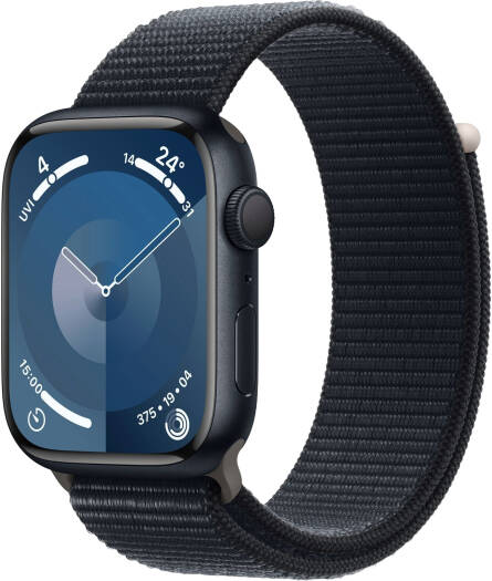 Apple Watch Series 9 (GPS, 45mm) featuring a midnight aluminum case, always-on LTPO OLED Retina display, S9 SiP chip with 4-core Apple Neural Engine, and a midnight sport loop.