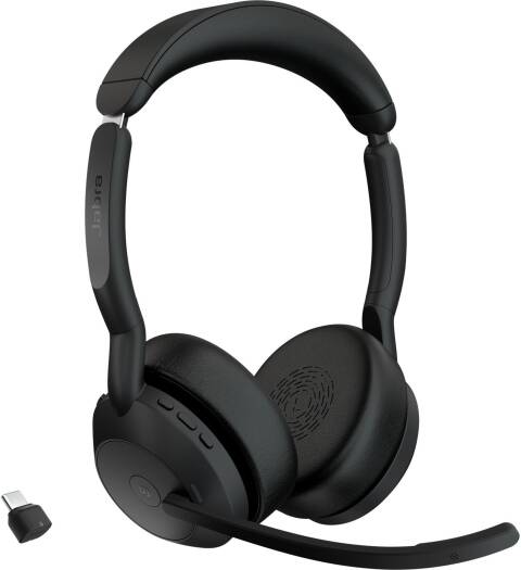 Jabra Evolve2 55 Link380c USB-C MS Stereo Wireless Headset with 28 mm drivers, active noise cancellation, built-in microphone, up to 18 hours of battery life, USB-C dongle, and a black finish.