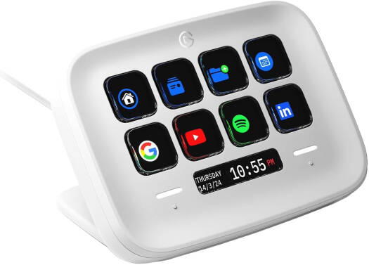Elgato Stream Deck Neo – features 8 customizable LCD keys, 2 touch-point sensors, USB-C 2.0 connection with a 90 cm braided cable, versatile functionality for various applications, in white.