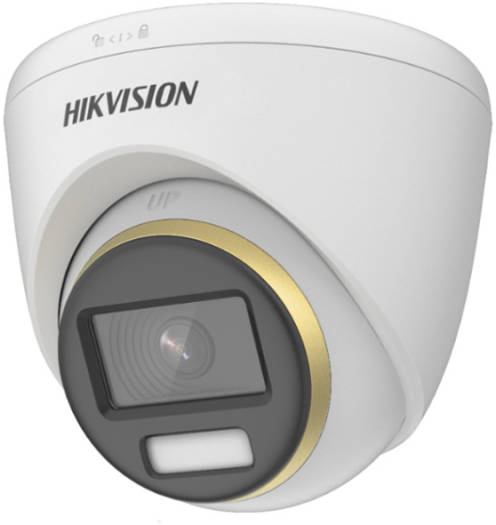 Hikvision 2 MP ColorVu Fixed Turret Camera with a 2.8 mm fixed lens, 24/7 color imaging with F1.0 aperture, 3D DNR noise reduction, up to 40 m white light range, IP67-rated protection, and a white finish.
