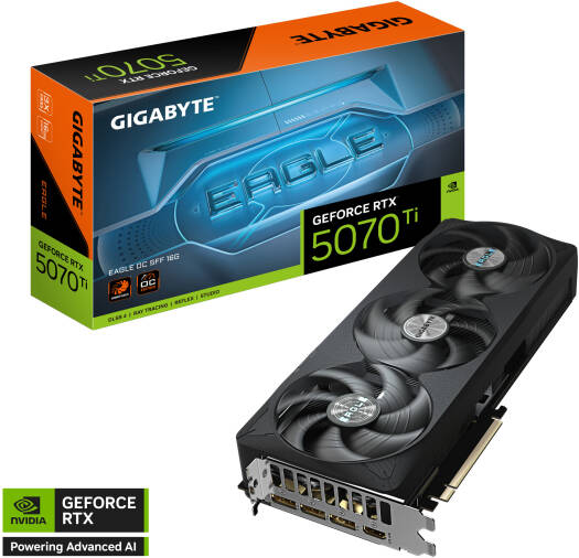 GIGABYTE GeForce RTX 5070 Ti EAGLE OC SFF Graphics Card featuring 16GB GDDR7 256-bit memory, 2542 MHz boost clock, 28 Gbps memory speed, 8960 CUDA cores, and PCI Express 5.0 interface.