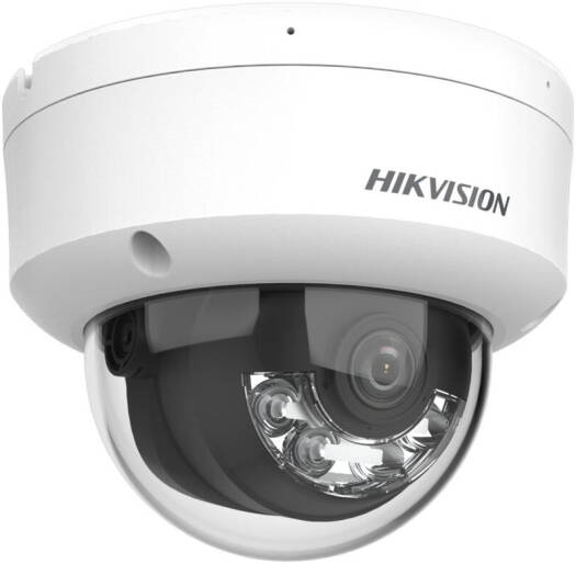 Hikvision 4MP Smart Hybrid Light Fixed Dome IP Camera with a 2.8mm lens, built-in microphone, Smart Hybrid Light technology, and H.265+ video compression, in white.