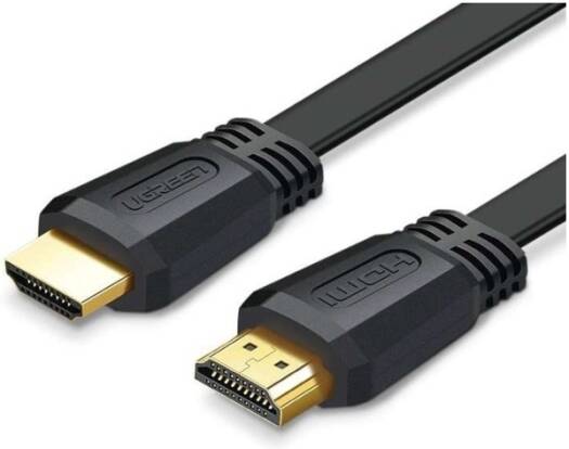 UGREEN ED015 Flat HDMI Cable, 2 meters, HDMI 2.0, supports up to 4K@60Hz. Constructed with 30AWG tin-plated oxygen-free copper and gold-plated connectors. Compatible with PC, laptop, and TV. Color: Black.