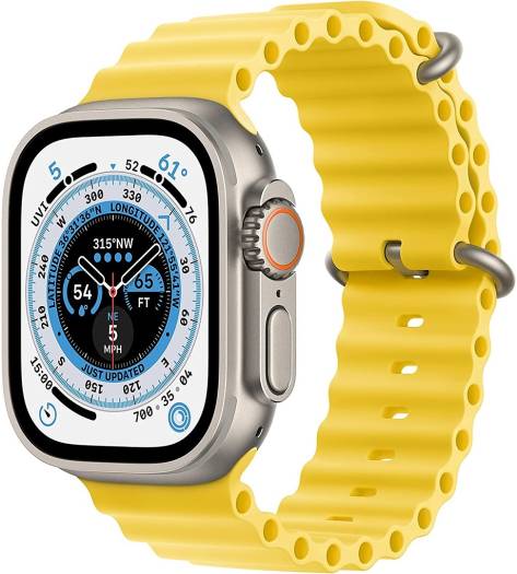 Apple Watch Ultra with GPS + Cellular, 49mm titanium case, yellow Ocean band (S/M), customizable Action Button, and up to 36 hours of battery life