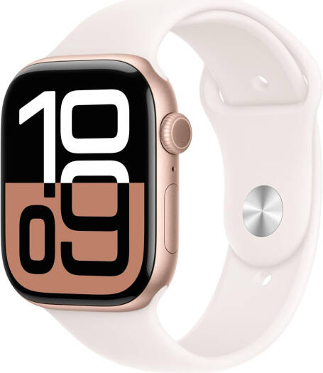 Apple Watch Series 10 with an always-on Retina display, S10 SiP dual-core processor, 4-core neural engine, watchOS 11, GPS + Cellular, a 42mm rose-gold aluminum case, and an S/M light blush sport band.