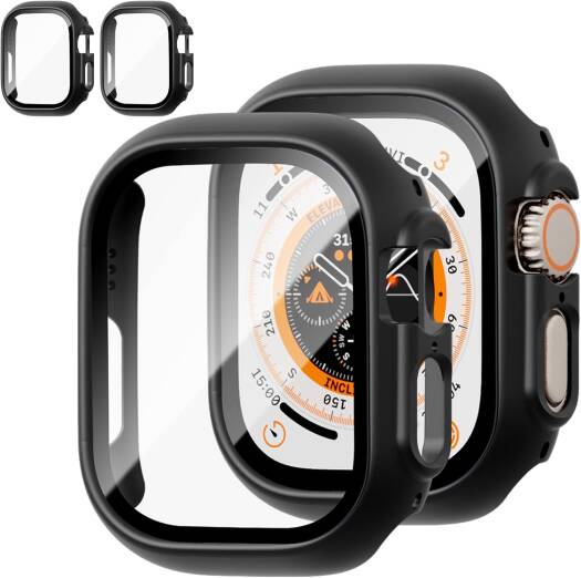 JZK 2-Pack Case with Tempered Glass Screen Protector – Full-Coverage Slim Hard PC Protective Bumper for Apple Watch Ultra 49mm, Thin and Durable, Black