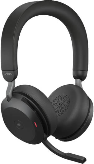 Jabra Evolve2 75 Link380C UC Stereo USB-C Headset with 30-meter wireless range, Bluetooth connectivity, 20–20,000 Hz frequency response, boom arm with mute and call-answer functions, in black.