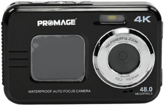 PROMAGE 4K waterproof digital camera in black, featuring 48MP photo resolution, dual screens (2.8″ rear and 1.7″ front), 16× digital zoom, autofocus, anti-shake, IP68 rating, and support for up to 256GB TF cards.