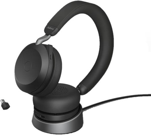 Jabra Evolve2 75 Link 380c UC Noise-Canceling Wireless Headset featuring 40 mm drivers, 8 integrated microphones, dual-foam ear cushions, busy light indicator, ANC technology, charging stand, and a black finish.