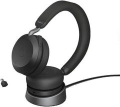Jabra Evolve2 75 Link 380c UC Noise-Canceling Wireless Headset featuring 40 mm drivers, 8 integrated microphones, dual-foam ear cushions, busy light indicator, ANC technology, charging stand, and a black finish.