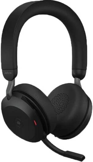 Jabra Evolve2 75 UC Wireless Headset with up to 36 hours of battery life, noise-canceling technology, dual-foam ear cushions, busy light indicator, 8 integrated microphones, and a black design.