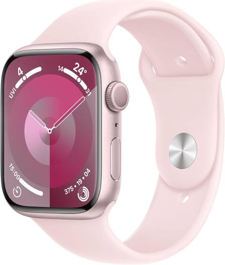 Apple Watch Series 9 (GPS, 41mm) with a pink aluminum case, M/L light pink sport band, always-on Retina display, fitness tracking, and Blood Oxygen & ECG apps, in light pink.