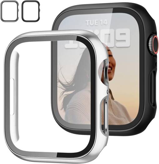 JZK 2-Pack Case with Tempered Glass Screen Protector – Slim Full-Coverage Hard PC Protective Bumper for Apple Watch Series 3/2/1 (42mm), Ultra-Thin HD Cover, Black & Silver